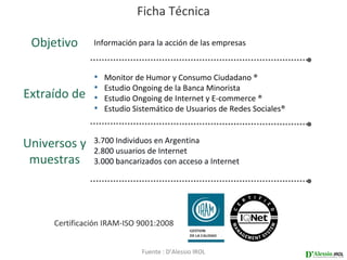Ficha Técnica

 Objetivo      Información para la acción de las empresas



               •   Monitor de Humor y Consumo Ciudadano ®
               •   Estudio Ongoing de la Banca Minorista
Extraído de    •   Estudio Ongoing de Internet y E-commerce ®
               •   Estudio Sistemático de Usuarios de Redes Sociales®



Universos y    3.700 Individuos en Argentina
               2.800 usuarios de Internet
 muestras      3.000 bancarizados con acceso a Internet




     Certificación IRAM-ISO 9001:2008


                             Fuente : D’Alessio IROL
 