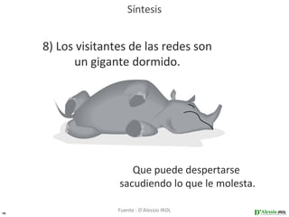 Síntesis


     8) Los visitantes de las redes son
           un gigante dormido.




                       Que puede despertarse
                    sacudiendo lo que le molesta.

41
                    Fuente : D’Alessio IROL
 