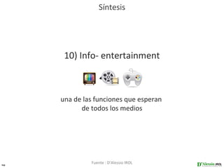Síntesis




      10) Info- entertainment



     una de las funciones que esperan
           de todos los medios




43
              Fuente : D’Alessio IROL
 