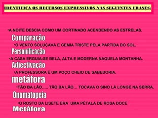 IDENTIFICA OS RECURSOS EXPRESSIVOS NAS SEGUINTES FRASES:
•A NOITE DESCIA COMO UM CORTINADO ACENDENDO AS ESTRELAS.
•O VENTO SOLUÇAVA E GEMIA TRISTE PELA PARTIDA DO SOL.
•A CASA ERGUIA-SE BELA, ALTA E MODERNA NAQUELA MONTANHA.
•A PROFESSORA É UM POÇO CHEIO DE SABEDORIA.
•TÃO BA LÃO….. TÃO BA LÃO… TOCAVA O SINO LÁ LONGE NA SERRA.
•O ROSTO DA LISETE ERA UMA PÉTALA DE ROSA DOCE
 