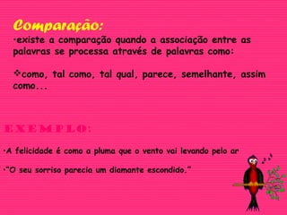 Comparação:
•existe a comparação quando a associação entre as
palavras se processa através de palavras como:
como, tal como, tal qual, parece, semelhante, assim
como...
Exemplo:
•A felicidade é como a pluma que o vento vai levando pelo ar
•“O seu sorriso parecia um diamante escondido.”
 