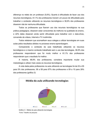 21



diferença no relato de um professor (5,6%). Quanto à dificuldade de fazer uso dos
recursos tecnológicos, 61,1% dos professores tiveram um pouco de dificuldade para
trabalhar o conteúdo utilizando os recursos tecnológicos e 38,9% dos professores
disseram não ter nenhuma dificuldade.
      Todos os professores que fizeram uso dos recursos tecnológicos na sua
prática pedagógica, disseram estar conscientes da melhoria na qualidade do ensino,
e 22% deles disseram ainda sentir dificuldade para trabalhar com o data-show,
conversão de vídeos, Internet e TV multimídia.
      Todos relataram que aconselham seus colegas a utilizar tecnologias em suas
aulas pelos resultados obtidos no processo ensino-aprendizagem.
      Comparando o conteúdo da aula trabalhada utilizando os recursos
tecnológicos e o mesmo conteúdo trabalhado sem o uso das tecnologias, 38,9% dos
professores responderam que foi muito melhor e 61,1% dos professores
responderam que o resultado foi melhor.
      A maioria, 88,9% dos professores, considera importante mudar sua
metodologia e utilizar mais vezes os recursos tecnológicos.
      A nota dada pelos professores na aula utilizando as tecnologias foi de 03 a 05
para 5% dos professores, 06 a 08 para 67% dos professores e 09 a 10 para 28%
dos professores (gráfico 3)




      Gráfico 3 – Média da aula utilizando tecnologias
       Fonte: Trabalho de pesquisa
 