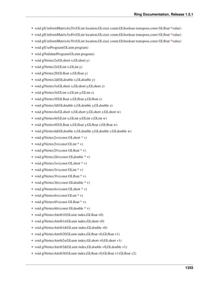 Ring Documentation, Release 1.5.1
• void glUniformMatrix4x2fv(GLint location,GLsizei count,GLboolean transpose,const GLﬂoat *value)
• void glUniformMatrix3x4fv(GLint location,GLsizei count,GLboolean transpose,const GLﬂoat *value)
• void glUniformMatrix4x3fv(GLint location,GLsizei count,GLboolean transpose,const GLﬂoat *value)
• void glUseProgram(GLuint program)
• void glValidateProgram(GLuint program)
• void glVertex2s(GLshort x,GLshort y)
• void glVertex2i(GLint x,GLint y)
• void glVertex2f(GLﬂoat x,GLﬂoat y)
• void glVertex2d(GLdouble x,GLdouble y)
• void glVertex3s(GLshort x,GLshort y,GLshort z)
• void glVertex3i(GLint x,GLint y,GLint z)
• void glVertex3f(GLﬂoat x,GLﬂoat y,GLﬂoat z)
• void glVertex3d(GLdouble x,GLdouble y,GLdouble z)
• void glVertex4s(GLshort x,GLshort y,GLshort z,GLshort w)
• void glVertex4i(GLint x,GLint y,GLint z,GLint w)
• void glVertex4f(GLﬂoat x,GLﬂoat y,GLﬂoat z,GLﬂoat w)
• void glVertex4d(GLdouble x,GLdouble y,GLdouble z,GLdouble w)
• void glVertex2sv(const GLshort * v)
• void glVertex2iv(const GLint * v)
• void glVertex2fv(const GLﬂoat * v)
• void glVertex2dv(const GLdouble * v)
• void glVertex3sv(const GLshort * v)
• void glVertex3iv(const GLint * v)
• void glVertex3fv(const GLﬂoat * v)
• void glVertex3dv(const GLdouble * v)
• void glVertex4sv(const GLshort * v)
• void glVertex4iv(const GLint * v)
• void glVertex4fv(const GLﬂoat * v)
• void glVertex4dv(const GLdouble * v)
• void glVertexAttrib1f(GLuint index,GLﬂoat v0)
• void glVertexAttrib1s(GLuint index,GLshort v0)
• void glVertexAttrib1d(GLuint index,GLdouble v0)
• void glVertexAttrib2f(GLuint index,GLﬂoat v0,GLﬂoat v1)
• void glVertexAttrib2s(GLuint index,GLshort v0,GLshort v1)
• void glVertexAttrib2d(GLuint index,GLdouble v0,GLdouble v1)
• void glVertexAttrib3f(GLuint index,GLﬂoat v0,GLﬂoat v1,GLﬂoat v2)
1355
 