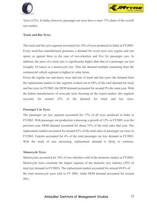 Tyres (12%). In India, however, passenger car tyres have a mere 17% share of the overall
tyre market.

Truck and Bus Tyres


The truck and bus tyre segment accounted for 19% of tyres produced in India in FY2003.
Every truck/bus manufactured generates a demand for seven tyres (six regular and one
spare) as against three in the case of two-wheelers and five for passenger cars. In
addition, the price of a truck tyre is significantly higher than that of a passenger car tyre
(roughly 10 times) or a motorcycle tyre. Thus the demand multiple emanating from the
commercial vehicle segment is highest in value terms.
Given the regular use and heavy wear and tear of truck and bus tyres, the demand from
the replacement market in this segment worked out to 68% of the total demand for truck
and bus tyres in FY2003; the OEM demand accounted for around 9% the same year. With
the Indian manufacturers of cross-ply tyres focusing on the export market, this segment
accounts    for   around    22%     of   the   demand      for   truck   and    bus    tyres.


Passenger Car Tyres
The passenger car tyre segment accounted for 17% of all tyres produced in India in
FY2003. With passenger car production witnessing a growth of 12% in FY2003 over the
previous year, OEM demand accounted for about 33% of the total sales that year. The
replacement market accounted for around 63% of the total sales of passenger car tyres in
FY2003. Exports accounted for 4% of the total passenger car tyre demand in FY2003.
With the stock of cars increasing, replacement demand is likely to continue.


Motorcycle Tyres
Motorcycles accounted for 76% of two-wheelers sold in the domestic market in FY2003.
Motorcycle tyres constitute the largest segment of the domestic tyre industry (29% of
total tyre demand in FY2003). The replacement market accounted for around 49.8% of
the total motorcycle tyres sold in FY 2003, while OEM demand accounted for around
50%.




                  Ambedkar Institute of Management Studies                                12
 