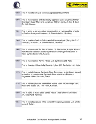 1959   First in India to set up a continuous process Rayon Plant.


1960   First to manufacture a Hydraulically Operated Cane Crushing Mill for
       Khandsari Sugar Plant and completed 100 ton plant-J.K. Iron & Steel
       Co. Ltd., Kanpur.


1961   First in world to set up a plant for production of Hydrosulphite of soda
       by Sodium Amalgam Process- J.K. Chemicals Ltd., Bombay.


1965   First to produce Sodium Sulphoxylate Formaldehyde (Rangolite C of
       Formosul) in India - J.K. Chemicals Ltd., Bombay


1968   First to manufacture TV Sets in India- J.K. Electronics, Kanpur. First to
       manufacture Metallic Cops for Synthetic Filament yarn industries in
       India- Syntex tube works, Kanpur.


1969   First to manufacture Acrylic Fibres- J.K. Synthetics Ltd. Kota

       First to develop differentially Dyeable Nylon- J.K. Synthetics Ltd., Kota


1973   First in India to license Synthetic Fibre Technology to third party as well
       as the first to manufacture Synthetic Fibre Machinery Fibretech
       Engineers & Manufacturers, Dadri.


1976   First in India to produce steel belted Radial Tyres for passenger cars,
       trucks and buses- J.K. Tyre Plant, Kankroli.


1980   First in world to make Steel Belted Radial Tyres for three wheelers-
       J.K. Tyre Plant, Kankroli.


1984   First in India to produce white cement through dry process- J.K. White
       cement. Gotan.




              Ambedkar Institute of Management Studies                             17
 