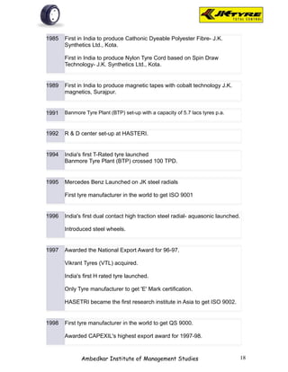 1985   First in India to produce Cathonic Dyeable Polyester Fibre- J.K.
       Synthetics Ltd., Kota.

       First in India to produce Nylon Tyre Cord based on Spin Draw
       Technology- J.K. Synthetics Ltd., Kota.


1989   First in India to produce magnetic tapes with cobalt technology J.K.
       magnetics, Surajpur.


1991   Banmore Tyre Plant (BTP) set-up with a capacity of 5.7 lacs tyres p.a.



1992   R & D center set-up at HASTERI.


1994   India's first T-Rated tyre launched
       Banmore Tyre Plant (BTP) crossed 100 TPD.


1995   Mercedes Benz Launched on JK steel radials

       First tyre manufacturer in the world to get ISO 9001


1996   India's first dual contact high traction steel radial- aquasonic launched.

       Introduced steel wheels.


1997   Awarded the National Export Award for 96-97.

       Vikrant Tyres (VTL) acquired.

       India's first H rated tyre launched.

       Only Tyre manufacturer to get 'E' Mark certification.

       HASETRI became the first research institute in Asia to get ISO 9002.


1998   First tyre manufacturer in the world to get QS 9000.

       Awarded CAPEXIL's highest export award for 1997-98.



              Ambedkar Institute of Management Studies                              18
 