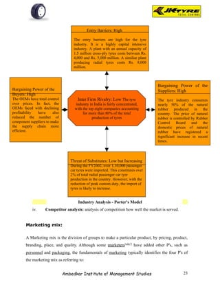 Entry Barriers: High

                                    The entry barriers are high for the tyre
                                    industry. It is a highly capital intensive
                                    industry. A plant with an annual capacity of
                                    1.5 million cross-ply tyres costs between Rs.
                                    4,000 and Rs. 5,000 million. A similiar plant
                                    producing radial tyres costs Rs. 8,000
                                    million.



                                                                                    Bargaining Power of the
Bargaining Power of the                                                             Suppliers: High
Buyers: High
The OEMs have total control          Inter Firm Rivalry: Low The tyre               The tyre industry consumes
over prices. In fact, the           industry in India is fairly concentrated,       nearly 50% of the natural
OEMs faced with declining           with the top eight companies accounting         rubber produced in the
profitability have      also             for more than 80% of the total             country. The price of natural
reduced the number of                          production of tyres                  rubber is controlled by Rubber
component suppliers to make                                                         Control Board and the
the supply chain more                                                               domestic prices of natural
efficient.                                                                          rubber have registered a
                                                                                    significant increase in recent
                                                                                    times.




                                  Threat of Substitutes: Low but Increasing
                                  During the FY2002, over 1,10,000 passenger
                                  car tyres were imported. This constitutes over
                                  2% of total radial passenger car tyre
                                  production in the country. However, with the
                                  reduction of peak custom duty, the import of
                                  tyres is likely to increase.


                                      Industry Analysis - Porter's Model
            iv.    Competitor analysis: analysis of competition how well the market is served.


        Marketing mix:

        A Marketing mix is the division of groups to make a particular product, by pricing, product,
        branding, place, and quality. Although some marketers[who?] have added other P's, such as
        personnel and packaging, the fundamentals of marketing typically identifies the four P's of
        the marketing mix as referring to:


                               Ambedkar Institute of Management Studies                            23
 