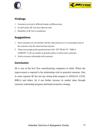 Findings

1. Customers are loyal to different brands in different areas.
2. In claim policy JK Tyre beat others by mile.
3. Durability of JK Tyre is satisfactory


Suggestions

1. Some customers are not satisfied with the claim policies as it is not properly clear to
   the customers why the claim has been rejected.
2. Today more people prefer guaranteed tyres like “JET TRAK 39”, “BIRLA
   SAMSON” so JK can modify its guaranty policy to attract more customers.
3. Need to increase relationship with customers


Conclusion

JK is one of the best Tyre manufacturing companies in India. Where the
improvement is required is the relationship with its potential customer. Also
in some segment JK has not any strong hold compare to APOLLO, CEAT,
BIRLA and others. So it can further increase its market share through
customer relationship program and brand awareness strategy.




                 Ambedkar Institute of Management Studies                                59
 