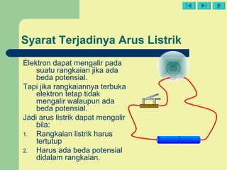 Syarat Terjadinya Arus Listrik
Elektron dapat mengalir pada
suatu rangkaian jika ada
beda potensial.
Tapi jika rangkaiannya terbuka
elektron tetap tidak
mengalir walaupun ada
beda potensial.
Jadi arus listrik dapat mengalir
bila:
1. Rangkaian listrik harus
tertutup
2. Harus ada beda potensial
didalam rangkaian.
 