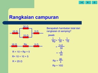 = +
Rangkaian campuran
10 Ω
30 Ω
15 Ω
5 Ω
5 Ω10 Ω Rp
Berapakah hambatan total dari
rangkaian di samping?
jawab
1
Rp
1
30
1
15
=
1+2
30
= 3
30
Rp =
30
3
Rp = 10Ω
R = 10 + Rp + 5
R= 10 + 10 + 5
R = 25 Ω
 