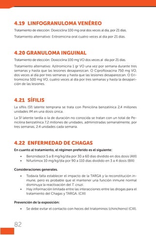 4.19	 LINFOGRANULOMA VENÉREO
Tratamiento de elección: Doxiciclina 100 mg oral dos veces al día, por 21 días.
Tratamiento alternativo: Eritromicina oral cuatro veces al día por 21 días.

4.20	GRANULOMA INGUINAL
Tratamiento de elección: Doxiciclina 100 mg VO dos veces al día por 21 días.
Tratamiento alternativo: Azitromicina 1 gr VO una vez por semana durante tres
semanas y hasta que las lesiones desaparezcan. O Ciprofloxacina 750 mg VO,
dos veces al día por tres semanas y hasta que las lesiones desaparezcan. O Eritromicina 500 mg VO, cuatro veces al día por tres semanas y hasta la desaparición de las lesiones.

4.21	 SÍFILIS
La sífilis (Sf) latente temprana se trata con Penicilina benzatínica 2,4 millones
unidades IM en una dosis única.
La Sf latente tardía o la de duración no conocida se tratan con un total de Penicilina benzatínica 7.2 millones de unidades, administradas semanalmente, por
tres semanas, 2.4 unidades cada semana.

4.22	 ENFERMEDAD DE CHAGAS
En cuanto al tratamiento, el régimen preferido es el siguiente:
•	
•	

Benznidazol 5 a 8 mg/kg/día por 30 a 60 días dividido en dos dosis (AIII)
Nifurtimox 10 mg/kg/día por 90 a 110 días dividido en 3 a 4 dosis (BIII)

Consideraciones generales.
•	

•	

Todavía falta establecer el impacto de la TARGA y la reconstitución inmune, pero es probable que el mantener una función inmune normal
disminuya la reactivación del T. cruzi.
Hay información limitada entre las interacciones entre las drogas para el
tratamiento del Chagas y TARGA. (CIII)

Prevención de la exposición:
•	

82

Se debe evitar el contacto con heces del triatominos (chinchorro) (CIII).

 