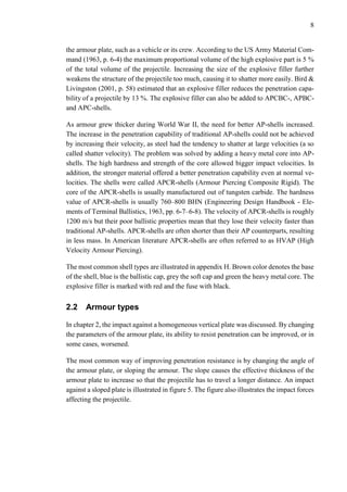 8
the armour plate, such as a vehicle or its crew. According to the US Army Material Com-
mand (1963, p. 6-4) the maximum proportional volume of the high explosive part is 5 %
of the total volume of the projectile. Increasing the size of the explosive filler further
weakens the structure of the projectile too much, causing it to shatter more easily. Bird &
Livingston (2001, p. 58) estimated that an explosive filler reduces the penetration capa-
bility of a projectile by 13 %. The explosive filler can also be added to APCBC-, APBC-
and APC-shells.
As armour grew thicker during World War II, the need for better AP-shells increased.
The increase in the penetration capability of traditional AP-shells could not be achieved
by increasing their velocity, as steel had the tendency to shatter at large velocities (a so
called shatter velocity). The problem was solved by adding a heavy metal core into AP-
shells. The high hardness and strength of the core allowed bigger impact velocities. In
addition, the stronger material offered a better penetration capability even at normal ve-
locities. The shells were called APCR-shells (Armour Piercing Composite Rigid). The
core of the APCR-shells is usually manufactured out of tungsten carbide. The hardness
value of APCR-shells is usually 760–800 BHN (Engineering Design Handbook - Ele-
ments of Terminal Ballistics, 1963, pp. 6-7–6-8). The velocity of APCR-shells is roughly
1200 m/s but their poor ballistic properties mean that they lose their velocity faster than
traditional AP-shells. APCR-shells are often shorter than their AP counterparts, resulting
in less mass. In American literature APCR-shells are often referred to as HVAP (High
Velocity Armour Piercing).
The most common shell types are illustrated in appendix H. Brown color denotes the base
of the shell, blue is the ballistic cap, grey the soft cap and green the heavy metal core. The
explosive filler is marked with red and the fuse with black.
2.2 Armour types
In chapter 2, the impact against a homogeneous vertical plate was discussed. By changing
the parameters of the armour plate, its ability to resist penetration can be improved, or in
some cases, worsened.
The most common way of improving penetration resistance is by changing the angle of
the armour plate, or sloping the armour. The slope causes the effective thickness of the
armour plate to increase so that the projectile has to travel a longer distance. An impact
against a sloped plate is illustrated in figure 5. The figure also illustrates the impact forces
affecting the projectile.
 