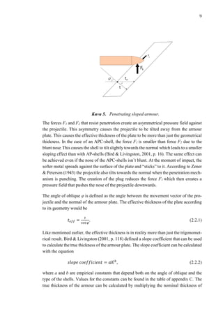 9
Kuva 5. Penetrating sloped armour.
The forces F1 and F2 that resist penetration create an asymmetrical pressure field against
the projectile. This asymmetry causes the projectile to be tilted away from the armour
plate. This causes the effective thickness of the plate to be more than just the geometrical
thickness. In the case of an APC-shell, the force F1 is smaller than force F2 due to the
blunt nose. This causes the shell to tilt slightly towards the normal which leads to a smaller
sloping effect than with AP-shells (Bird & Livingston, 2001, p. 16). The same effect can
be achieved even if the nose of the APC-shells isn’t blunt. At the moment of impact, the
softer metal spreads against the surface of the plate and “sticks” to it. According to Zener
& Peterson (1943) the projectile also tilts towards the normal when the penetration mech-
anism is punching. The creation of the plug reduces the force F1 which then creates a
pressure field that pushes the nose of the projectile downwards.
The angle of oblique φ is defined as the angle between the movement vector of the pro-
jectile and the normal of the armour plate. The effective thickness of the plate according
to its geometry would be
𝑡 𝑒𝑓𝑓 =
𝑡
cos 𝜑
. (2.2.1)
Like mentioned earlier, the effective thickness is in reality more than just the trigonomet-
rical result. Bird & Livingston (2001, p. 118) defined a slope coefficient that can be used
to calculate the true thickness of the armour plate. The slope coefficient can be calculated
with the equation
𝑠𝑙𝑜𝑝𝑒 𝑐𝑜𝑒𝑓𝑓𝑖𝑐𝑖𝑒𝑛𝑡 = 𝑎𝐾 𝑏
, (2.2.2)
where a and b are empirical constants that depend both on the angle of oblique and the
type of the shells. Values for the constants can be found in the table of appendix C. The
true thickness of the armour can be calculated by multiplying the nominal thickness of
 