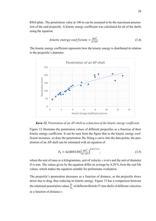 20
RHA-plate. The penetration value at 100 m can be assumed to be the maximum penetra-
tion of the said projectile. A kinetic energy coefficient was calculated for all of the shells
using the equation
𝑘𝑖𝑛𝑒𝑡𝑖𝑐 𝑒𝑛𝑒𝑟𝑔𝑦 𝑐𝑜𝑒𝑓𝑓𝑖𝑐𝑖𝑒𝑛𝑡 =
𝑚𝑣2
𝐷∗104
(3.4)
The kinetic energy coefficient represents how the kinetic energy is distributed in relation
to the projectile’s diameter.
Kuva 12. Penetration of an AP-shell as a function of the kinetic energy coefficient.
Figure 12 illustrates the penetration values of different projectiles as a function of their
kinetic energy coefficient. It can be seen from the figure that as the kinetic energy coef-
ficient increases, so does the penetration. By fitting a curve into the data points, the pen-
etration of an AP-shell can be estimated with an equation of
𝑃0 = 62.804138 (
𝑚𝑣2
𝐷∗104)
0.477171
, (3.5)
where the unit of mass m is kilogrammes, unit of velocity v is m/s and the unit of diameter
D is mm. The values given by the equation differ on average by 8,29 % from the real life
values, which makes the equation suitable for preliminary evaluation.
The projectile’s penetration decreases as a function of distance, as the projectile slows
down due to drag, thus reducing its kinetic energy. Figure 13 has a comparison between
the relational penetration values
𝑃𝑟
𝑃0
of different British 57 mm shells of different velocities
as a function of distance r.
0
50
100
150
200
250
0 2 4 6 8 10 12 14
Penetration(mm)
Kinetic Energy Coefficient (J/mm)
Penetration of an AP-shell
 