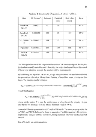 23
Taulukko 2. Functionality of equation 3.8, when r = 2000 m.
Gun BC (kg/mm2
) P0 (mm) Predicted
(mm)
Real value
(mm)
Error
2 cm KwK
38 L/55
0.00037 45 10 11 9.1 %
5 cm KwK
39 L/60
0.000824 100 38 33 15 %
57L73 ZiS-
2
0.000982… 134 57 54 5.6 %
17 pounder 0.001326… 200 100 105 4.8 %
152L28
ML-20
0.002112… 165 120 111 8.1 %
The most probable reason for large errors in equation 3.8 is the assumption that all pro-
jectiles have a coefficient of form of 1. In reality, the projectiles have different shapes and
if these were taken into account, the results would be more accurate.
By combining the equations 3.8 and 3.5, we get an equation that can be used to estimate
the penetration value of an AP-shell as a function of its caliber, mass, velocity and dis-
tance. The equation can be written as
𝑃𝐴𝑃 = 0.808933𝐵𝐶−0.037164
𝑒(0.000356 ln(𝐵𝐶)+0.002019)𝑟
∗ 62.804138 (
𝑚𝑣2
𝐷∗104)
0.477171
, (3.9)
which then becomes
𝑃𝐴𝑃 = 50.804340 (
𝑚𝑣2
𝐷∗104
)
0.477171
𝐵𝐶−0.037164
𝑒(0.000356 ln(𝐵𝐶)+0.002019)𝑟
, (3.10)
where unit for caliber D is mm, the unit for mass m is kg, the unit for velocity v is m/s
and the unit for distance r is m and it has a minimum value of 100 m.
Appendix E has the properties for APC- and APBC-shells. The same property tables for
APCBC- and APCR-shells can be found in appendices F and G respectively. By perform-
ing the same analysis for these shell types, their penetration behaviour can be predicted
as well.
For APC-shells we get the equations:
 