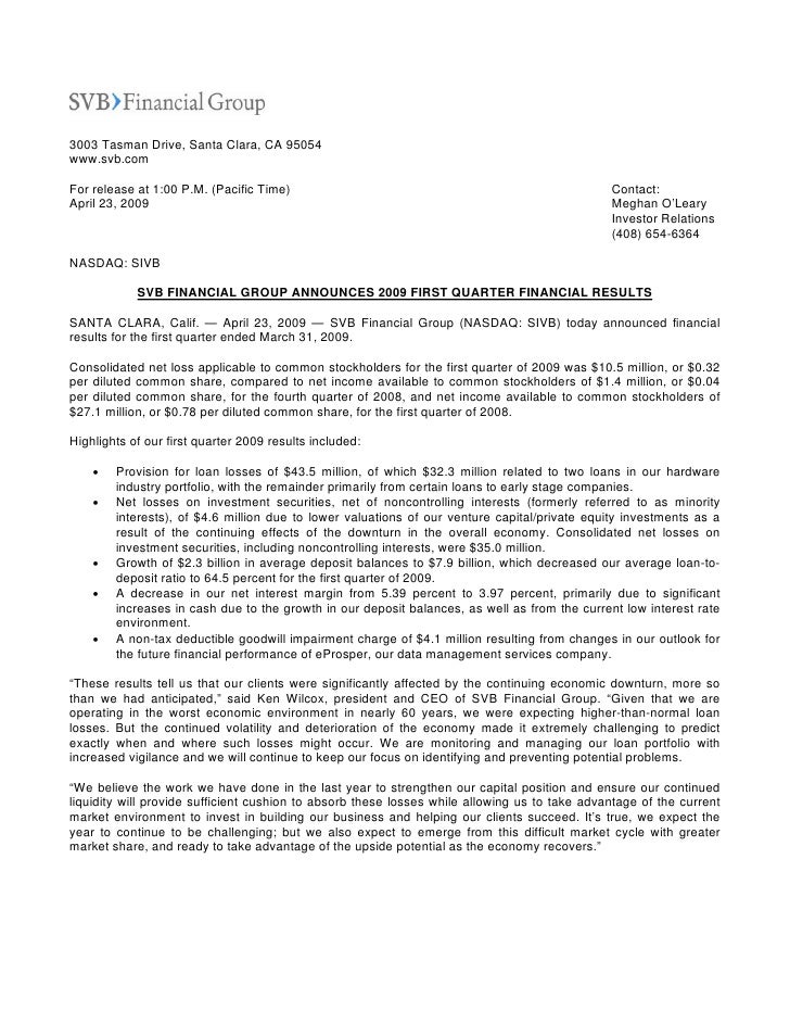 Q1 2009 Earning Report of SVB Financial Group