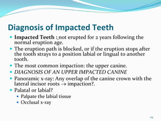 Diagnosis of Impacted Teeth
 Impacted Teeth : not erupted for 2 years following the 
 normal eruption age.
 The eruption path is blocked, or if the eruption stops after 
 the tooth strays to a position labial or lingual to another 
 tooth. 
 The most common impaction: the upper canine. 
 DIAGNOSIS OF AN UPPER IMPACTED CANINE
 Panoramic x‐ray: Any overlap of the canine crown with the 
 lateral incisor roots → impaction?. 
 Palatal or labial?
   Palpate the labial tissue
   Occlusal x‐ray

                                                            119
 