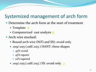 Systemized management of arch form 
 Determine the arch form at the start of treatment
   Template  ♦
   Computerized  cast analysis @
 Arch wire stocked:
   Round arch wire (NiTi and SS): ovoid only
   .019/.025 (.018/.025 ) HANT: three shapes
     45% ovoid 
     45% square
     10% tapered
   .019/.025 (.018/.025 ) SS: ovoid only →
                                                     24
 