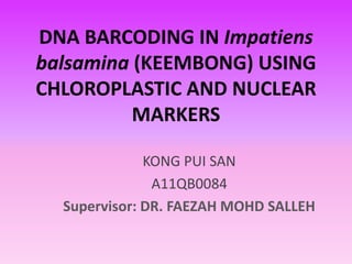 DNA BARCODING IN Impatiens
balsamina (KEEMBONG) USING
CHLOROPLASTIC AND NUCLEAR
MARKERS
KONG PUI SAN
A11QB0084
Supervisor: DR. FAEZAH MOHD SALLEH
 