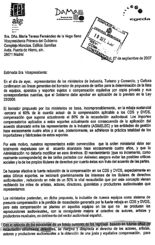 CANON DIGITAL SGAE: 	Carta en 2007 de Pilar Barden a Vicepresidente Gobierno 