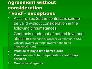 Agreement without
Agreement without
consideration
consideration
“void”- exceptions
“void”- exceptions
 Acc. To sec 25 the contract is said to
Acc. To sec 25 the contract is said to
be valid without consideration in the
be valid without consideration in the
following circumstances.
following circumstances.
1.
1. Contracts made out of natural love and
Contracts made out of natural love and
affection (
affection (the case of rajlakhi vs bhootnath AND
the case of rajlakhi vs bhootnath AND
venkant swami vs ranga swami need to be
venkant swami vs ranga swami need to be
mentioned here)
mentioned here)
2.
2. Promise to pay a time barred debt
Promise to pay a time barred debt
3.
3. Promises made to compensate for voluntary
Promises made to compensate for voluntary
services
services
4.
4. Contracts of agency
Contracts of agency
 