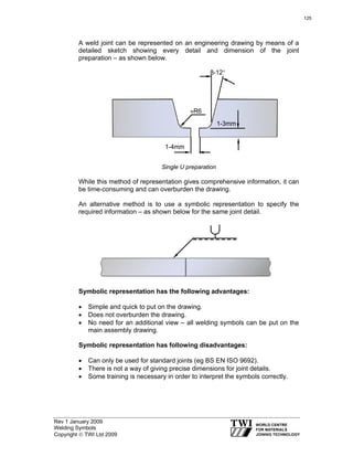 Rev 1 January 2009
Welding Symbols
Copyright © TWI Ltd 2009
A weld joint can be represented on an engineering drawing by means of a
detailed sketch showing every detail and dimension of the joint
preparation – as shown below.
8-12°
≈R6
1-4mm
1-3mm
Single U preparation
While this method of representation gives comprehensive information, it can
be time-consuming and can overburden the drawing.
An alternative method is to use a symbolic representation to specify the
required information – as shown below for the same joint detail.
Symbolic representation has the following advantages:
• Simple and quick to put on the drawing.
• Does not overburden the drawing.
• No need for an additional view – all welding symbols can be put on the
main assembly drawing.
Symbolic representation has following disadvantages:
• Can only be used for standard joints (eg BS EN ISO 9692).
• There is not a way of giving precise dimensions for joint details.
• Some training is necessary in order to interpret the symbols correctly.
125
 