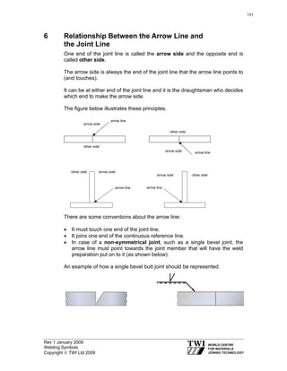 Rev 1 January 2009
Welding Symbols
Copyright © TWI Ltd 2009
6 Relationship Between the Arrow Line and
the Joint Line
One end of the joint line is called the arrow side and the opposite end is
called other side.
The arrow side is always the end of the joint line that the arrow line points to
(and touches).
It can be at either end of the joint line and it is the draughtsman who decides
which end to make the arrow side.
The figure below illustrates these principles.
‘arrow side’
‘arrow side’
arrow line
‘other side’
arrow line
‘other side’
arrow line
‘arrow side’‘other side’
arrow line
‘other side’‘arrow side’
There are some conventions about the arrow line:
• It must touch one end of the joint line.
• It joins one end of the continuous reference line.
• In case of a non-symmetrical joint, such as a single bevel joint, the
arrow line must point towards the joint member that will have the weld
preparation put on to it (as shown below).
An example of how a single bevel butt joint should be represented.
131
 
