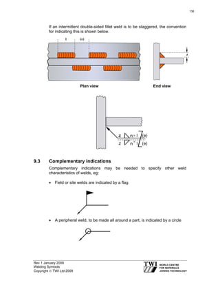 Rev 1 January 2009
Welding Symbols
Copyright © TWI Ltd 2009
If an intermittent double-sided fillet weld is to be staggered, the convention
for indicating this is shown below.
9.3 Complementary indications
Complementary indications may be needed to specify other weld
characteristics of welds, eg:
• Field or site welds are indicated by a flag
• A peripheral weld, to be made all around a part, is indicated by a circle
z n× l (e)
z n
× l (e)
PLAN VIEW END VIEW
l (e)
z
Plan view End view
136
 