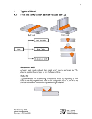 Rev 1 January 2009
Terms and Definitions
Copyright © TWI Ltd 2009
1 Types of Weld
1.1 From the configuration point of view (as per 1.2)
Butt weld Fillet weld
Autogenous weld
A fusion weld made without filler metal which can be achieved by TIG,
plasma, electron beam, laser or oxy-fuel gas welding.
Slot weld
A joint between two overlapping components made by depositing a fillet
weld round the periphery of a hole in one component so as to join it to the
surface of the other component exposed through the hole.
Butt
In a butt joint
In a T joint
In a corner joint
13
 