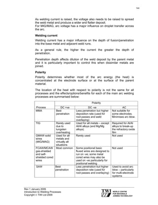 Rev 1 January 2009
Introduction to Welding Processes
Copyright © TWI Ltd 2009
As welding current is raised, the voltage also needs to be raised to spread
the weld metal and produce a wider and flatter deposit.
For MIG/MAG, arc voltage has a major influence on droplet transfer across
the arc.
Welding current
Welding current has a major influence on the depth of fusion/penetration
into the base metal and adjacent weld runs.
As a general rule, the higher the current the greater the depth of
penetration.
Penetration depth affects dilution of the weld deposit by the parent metal
and it is particularly important to control this when dissimilar metals are
joined.
Polarity
Polarity determines whether most of the arc energy (the heat) is
concentrated at the electrode surface or at the surface of the parent
material.
The location of the heat with respect to polarity is not the same for all
processes and the effects/options/benefits for each of the main arc welding
processes are summarised below:
Polarity
Process DC +ve DC -ve AC
MMA Best
penetration
Less penetration but higher
deposition rate (used for
root passes and weld
overlaying)
Not suitable for
some electrodes.
Minimises arc blow.
TIG Rarely used
due to
tungsten
overheating
Used for all metals – except
Al/Al alloys (and Mg/Mg
alloys)
Required for Al/Al
alloys to break-up
the refractory oxide
film
GMAW solid
wires
(MIG/MAG)
Used for all
metals and
virtually all
situations
Rarely used Not used
FCAW/MCAW
gas-shielded
and self-
shielded cored
wires
Most common Some positional basic
fluxed wires are designed to
run on -ve; some metal
cored wires may also be
used on -ve particularly for
positional welding
Not used
SAW Best
penetration
Less penetration but higher
deposition rate (used for
root passes and overlaying)
Used to avoid arc
blow – particularly
for multi-electrode
systems
144
 