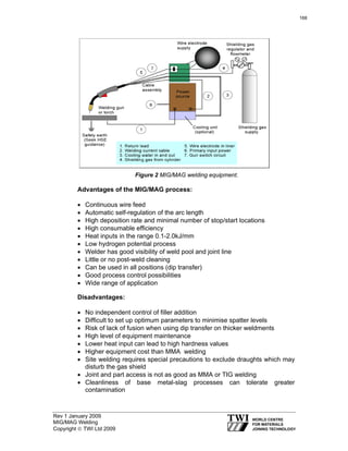 Rev 1 January 2009
MIG/MAG Welding
Copyright © TWI Ltd 2009
Figure 2 MIG/MAG welding equipment.
Advantages of the MIG/MAG process:
• Continuous wire feed
• Automatic self-regulation of the arc length
• High deposition rate and minimal number of stop/start locations
• High consumable efficiency
• Heat inputs in the range 0.1-2.0kJ/mm
• Low hydrogen potential process
• Welder has good visibility of weld pool and joint line
• Little or no post-weld cleaning
• Can be used in all positions (dip transfer)
• Good process control possibilities
• Wide range of application
Disadvantages:
• No independent control of filler addition
• Difficult to set up optimum parameters to minimise spatter levels
• Risk of lack of fusion when using dip transfer on thicker weldments
• High level of equipment maintenance
• Lower heat input can lead to high hardness values
• Higher equipment cost than MMA welding
• Site welding requires special precautions to exclude draughts which may
disturb the gas shield
• Joint and part access is not as good as MMA or TIG welding
• Cleanliness of base metal-slag processes can tolerate greater
contamination
168
 