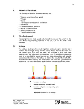 Rev 1 January 2009
MIG/MAG Welding
Copyright © TWI Ltd 2009
2 Process Variables
The primary variables in MIG/MAG welding are:
• Welding current/wire feed speed
• Voltage
• Gases
• Travel speed and electrode orientation
• Inductance
• Contact tip to work distance
• Nozzle to work distance
• Shielding gas nozzle
• Type of metal transfer
2.1 Wire feed speed
Increasing the wire feed speed automatically increases the current in the
wire. Wires are generally produced in 0.6, 0.8, 1.0, 1.2, 1.4 and 1.6mm
diameter.
2.2 Voltage
The voltage setting is the most important setting in spray transfer as it
controls the arc length. In dip transfer it also affects the rise of current and
the overall heat input into the weld. An increase of both wire feed
speed/current and voltage will increase heat input. The welding connections
need to be checked for soundness, as any loose connections will result in
resistance and will cause the voltage to drop in the circuit and will affect the
characteristic of the welding arc. The voltage will affect the type of transfer
achievable, but this is also highly dependent on the type of gas being used.
Figure 3 The effect of arc voltage.
• Increasing arc voltage
• Reduced penetration, increased width
• Excessive voltage can cause porosity, spatter
and undercut
169
 