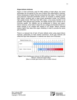 Rev 1 January 2009
MIG/MAG Welding
Copyright © TWI Ltd 2009
Argon-helium mixtures
Argon is most commonly used for MIG welding of light alloys, but some
advantage can be gained by the use of helium and argon/helium mixtures.
Helium possesses a higher thermal conductivity than argon. The hotter weld
pool produces improved penetration and/or an increase in welding speed.
High helium contents give a deep broad penetration profile, but produce
high spatter levels. With less than 80% argon, a true spray transfer is not
possible. With globular-type transfer, the welder should use a 'buried' arc to
minimise spatter. Arc stability can be problematic in helium and argon-
helium mixtures, since helium raises the arc voltage and therefore there is a
larger change in arc voltage with respect to arc length. Helium mixtures
require higher flow rates than argon shielding in order to provide the same
gas protection.
There is a reduced risk of lack of fusion defects when using argon-helium
mixtures, particularly on thick section aluminium. Ar-He gas mixtures will
offset the high heat dissipation in material over about 3mm thickness.
Figure 7 Inert shielding gas mixtures for MIG welding of aluminium, magnesium,
titanium, nickel and copper alloys.
(Blue is a cooler gas mixture; red is a hotter mixture)
173
 