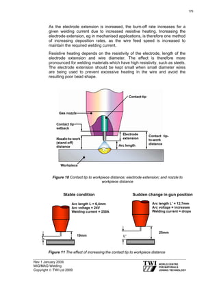 Rev 1 January 2009
MIG/MAG Welding
Copyright © TWI Ltd 2009
As the electrode extension is increased, the burn-off rate increases for a
given welding current due to increased resistive heating. Increasing the
electrode extension, eg in mechanised applications, is therefore one method
of increasing deposition rates, as the wire feed speed is increased to
maintain the required welding current.
Resistive heating depends on the resistivity of the electrode, length of the
electrode extension and wire diameter. The effect is therefore more
pronounced for welding materials which have high resistivity, such as steels.
The electrode extension should be kept small when small diameter wires
are being used to prevent excessive heating in the wire and avoid the
resulting poor bead shape.
Figure 10 Contact tip to workpiece distance; electrode extension; and nozzle to
workpiece distance
Workpiece
Gas nozzle
Contact tip
Electrode
extension
Contact tip-
to-work
distanceArc length
Contact tip
setback
Nozzle-to-work
(stand-off)
distance
Sudden change in gun position
Arc length L’ = 12,7mm
Arc voltage = increases
Welding current = drops
25mm
L’
Stable condition
19mm
Arc length L = 6,4mm
Arc voltage = 24V
Welding current = 250A
L
Figure 11 The effect of increasing the contact tip to workpiece distance
176
 