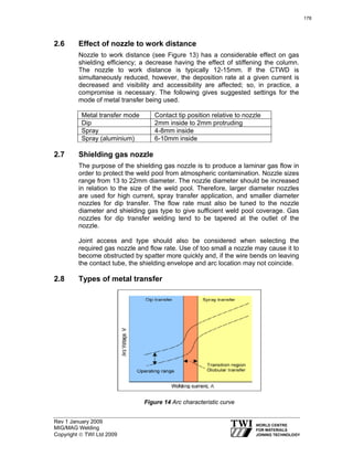 Rev 1 January 2009
MIG/MAG Welding
Copyright © TWI Ltd 2009
2.6 Effect of nozzle to work distance
Nozzle to work distance (see Figure 13) has a considerable effect on gas
shielding efficiency; a decrease having the effect of stiffening the column.
The nozzle to work distance is typically 12-15mm. If the CTWD is
simultaneously reduced, however, the deposition rate at a given current is
decreased and visibility and accessibility are affected; so, in practice, a
compromise is necessary. The following gives suggested settings for the
mode of metal transfer being used.
Metal transfer mode Contact tip position relative to nozzle
Dip 2mm inside to 2mm protruding
Spray 4-8mm inside
Spray (aluminium) 6-10mm inside
2.7 Shielding gas nozzle
The purpose of the shielding gas nozzle is to produce a laminar gas flow in
order to protect the weld pool from atmospheric contamination. Nozzle sizes
range from 13 to 22mm diameter. The nozzle diameter should be increased
in relation to the size of the weld pool. Therefore, larger diameter nozzles
are used for high current, spray transfer application, and smaller diameter
nozzles for dip transfer. The flow rate must also be tuned to the nozzle
diameter and shielding gas type to give sufficient weld pool coverage. Gas
nozzles for dip transfer welding tend to be tapered at the outlet of the
nozzle.
Joint access and type should also be considered when selecting the
required gas nozzle and flow rate. Use of too small a nozzle may cause it to
become obstructed by spatter more quickly and, if the wire bends on leaving
the contact tube, the shielding envelope and arc location may not coincide.
2.8 Types of metal transfer
Figure 14 Arc characteristic curve
178
 