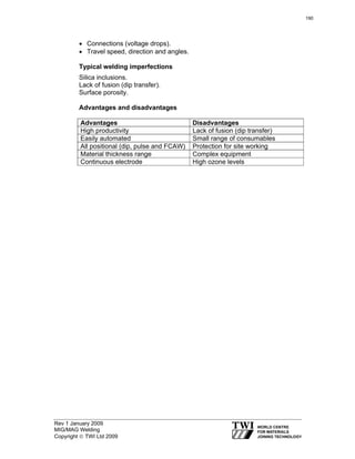 Rev 1 January 2009
MIG/MAG Welding
Copyright © TWI Ltd 2009
• Connections (voltage drops).
• Travel speed, direction and angles.
Typical welding imperfections
Silica inclusions.
Lack of fusion (dip transfer).
Surface porosity.
Advantages and disadvantages
Advantages Disadvantages
High productivity Lack of fusion (dip transfer)
Easily automated Small range of consumables
All positional (dip, pulse and FCAW) Protection for site working
Material thickness range Complex equipment
Continuous electrode High ozone levels
190
 