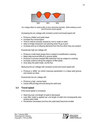 Rev 1 January 2009
Submerged Arc Welding
Copyright © TWI Ltd 2009
Arc voltage effect on weld profile (2.4mm electrode diameter, 500A welding current
and 61cm/min travel speed)
Increasing the arc voltage with constant current and travel speed will:
• Produce a flatter and wider bead
• Increase flux consumption
• Tend to reduce porosity caused by rust or scale on steel
• Help to bridge excessive root opening when fit-up is poor
• Increase pick-up of alloying elements from the flux when they are present
Excessively high arc voltage will:
• Produce a wide bead shape that is subject to solidification cracking
• Make slag removal difficult in groove welds
• Produce a concave shaped fillet weld that may be subject to cracking
• Increase undercut along the edge(s) of fillet welds
• Over alloy the weld metal, via the flux
Reducing the arc voltage with constant current and travel speed will:
• Produce a ‘stiffer’ arc which improves penetration in a deep weld groove
and resists arc blow
Excessively low arc voltage will:
• Produce a high, narrow bead
• Cause difficult slag removal along the weld toes
3.3 Travel speed
If the travel speed is increased:
• Heat input per unit length of weld is decreased
• Less filler metal is applied per unit length of weld and consequently less
excess weld metal
• Penetration decreases and thus the weld bead becomes smaller
25V 35V 45V
196
 