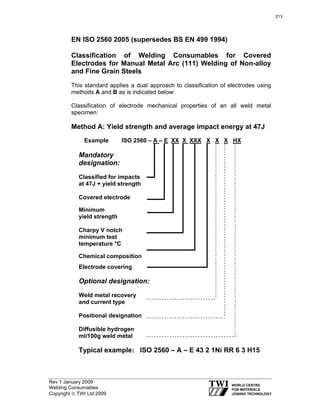 Rev 1 January 2009
Welding Consumables
Copyright © TWI Ltd 2009
EN ISO 2560 2005 (supersedes BS EN 499 1994)
Classification of Welding Consumables for Covered
Electrodes for Manual Metal Arc (111) Welding of Non-alloy
and Fine Grain Steels
This standard applies a dual approach to classification of electrodes using
methods A and B as is indicated below:
Classification of electrode mechanical properties of an all weld metal
specimen:
Method A: Yield strength and average impact energy at 47J
Mandatory
designation:
Classified for impacts
at 47J + yield strength
Covered electrode
Minimum
yield strength
Charpy V notch
minimum test
temperature °C
Chemical composition
Electrode covering
Optional designation:
Weld metal recovery
and current type
Positional designation
Diffusible hydrogen
ml/100g weld metal
Typical example: ISO 2560 – A – E 43 2 1Ni RR 6 3 H15
Example ISO 2560 – A – E XX X XXX X X X HX
213
 