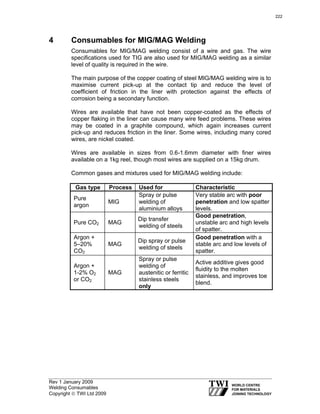 Rev 1 January 2009
Welding Consumables
Copyright © TWI Ltd 2009
4 Consumables for MIG/MAG Welding
Consumables for MIG/MAG welding consist of a wire and gas. The wire
specifications used for TIG are also used for MIG/MAG welding as a similar
level of quality is required in the wire.
The main purpose of the copper coating of steel MIG/MAG welding wire is to
maximise current pick-up at the contact tip and reduce the level of
coefficient of friction in the liner with protection against the effects of
corrosion being a secondary function.
Wires are available that have not been copper-coated as the effects of
copper flaking in the liner can cause many wire feed problems. These wires
may be coated in a graphite compound, which again increases current
pick-up and reduces friction in the liner. Some wires, including many cored
wires, are nickel coated.
Wires are available in sizes from 0.6-1.6mm diameter with finer wires
available on a 1kg reel, though most wires are supplied on a 15kg drum.
Common gases and mixtures used for MIG/MAG welding include:
Gas type Process Used for Characteristic
Pure
argon
MIG
Spray or pulse
welding of
aluminium alloys
Very stable arc with poor
penetration and low spatter
levels.
Pure CO2 MAG
Dip transfer
welding of steels
Good penetration,
unstable arc and high levels
of spatter.
Argon +
5–20%
CO2
MAG
Dip spray or pulse
welding of steels
Good penetration with a
stable arc and low levels of
spatter.
Argon +
1-2% O2
or CO2
MAG
Spray or pulse
welding of
austenitic or ferritic
stainless steels
only
Active additive gives good
fluidity to the molten
stainless, and improves toe
blend.
222
 