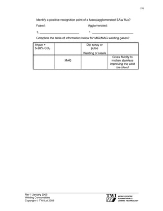 Rev 1 January 2009
Welding Consumables
Copyright © TWI Ltd 2009
Identify a positive recognition point of a fused/agglomerated SAW flux?
Fused: Agglomerated:
1. 1.
Complete the table of information below for MIG/MAG welding gases?
Argon +
5-20% CO2
Dip spray or
pulse
Welding of steels
MAG
Gives fluidity to
molten stainless
improving the weld
toe blend
226
 