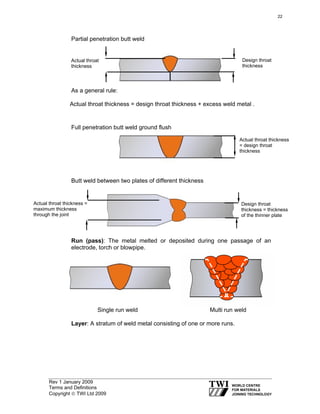Rev 1 January 2009
Terms and Definitions
Copyright © TWI Ltd 2009
Partial penetration butt weld
As a general rule:
Actual throat thickness = design throat thickness + excess weld metal .
Full penetration butt weld ground flush
Butt weld between two plates of different thickness
Run (pass): The metal melted or deposited during one passage of an
electrode, torch or blowpipe.
Single run weld Multi run weld
Layer: A stratum of weld metal consisting of one or more runs.
Actual throat thickness
= design throat
thickness
Design throat
thickness
Actual throat
thickness
Design throat
thickness = thickness
of the thinner plate
Actual throat thickness =
maximum thickness
through the joint
22
 