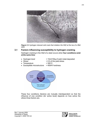 Rev 1 January 2009
Weldability of Steels
Copyright © 2008 TWI Ltd
Figure 2 A hydrogen induced cold crack that initiation the HAZ at the toe of a fillet
weld.
3.1 Factors influencing susceptibility to hydrogen cracking
Hydrogen cracking in the HAZ of a steel occurs when four conditions exist
at the same time:
• Hydrogen level > 15ml/100g of weld metal deposited
• Stress > 0.5 of the yield stress
• Temperature < 300°C
• Susceptible microstructure > 400HV hardness
These four conditions (factors) are mutually interdependent so that the
influence of one condition (its’ active level) depends on how active the
others three factors are.
230
 