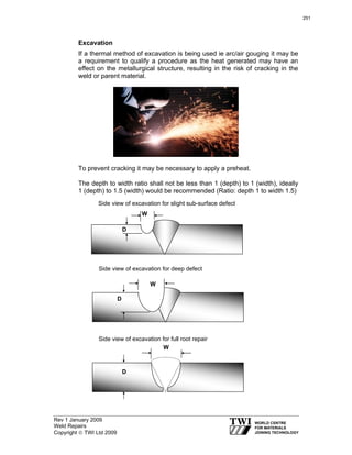 Rev 1 January 2009
Weld Repairs
Copyright © TWI Ltd 2009
Excavation
If a thermal method of excavation is being used ie arc/air gouging it may be
a requirement to qualify a procedure as the heat generated may have an
effect on the metallurgical structure, resulting in the risk of cracking in the
weld or parent material.
To prevent cracking it may be necessary to apply a preheat.
The depth to width ratio shall not be less than 1 (depth) to 1 (width), ideally
1 (depth) to 1.5 (width) would be recommended (Ratio: depth 1 to width 1.5)
Side view of excavation for slight sub-surface defect
D
W
Side view of excavation for deep defect
D
W
Side view of excavation for full root repair
D
W
251
 