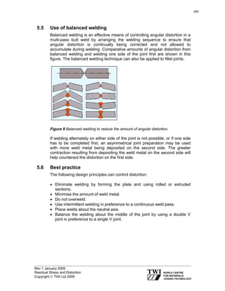 Rev 1 January 2009
Residual Stress and Distortion
Copyright © TWI Ltd 2009
5.5 Use of balanced welding
Balanced welding is an effective means of controlling angular distortion in a
multi-pass butt weld by arranging the welding sequence to ensure that
angular distortion is continually being corrected and not allowed to
accumulate during welding. Comparative amounts of angular distortion from
balanced welding and welding one side of the joint first are shown in this
figure. The balanced welding technique can also be applied to fillet joints.
Figure 8 Balanced welding to reduce the amount of angular distortion.
If welding alternately on either side of the joint is not possible, or if one side
has to be completed first, an asymmetrical joint preparation may be used
with more weld metal being deposited on the second side. The greater
contraction resulting from depositing the weld metal on the second side will
help counteract the distortion on the first side.
5.6 Best practice
The following design principles can control distortion:
• Eliminate welding by forming the plate and using rolled or extruded
sections.
• Minimise the amount of weld metal.
• Do not overweld.
• Use intermittent welding in preference to a continuous weld pass.
• Place welds about the neutral axis.
• Balance the welding about the middle of the joint by using a double V
joint in preference to a single V joint.
268
 