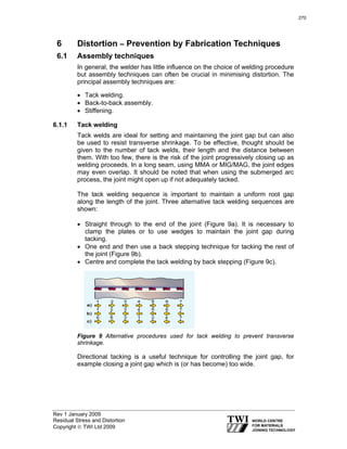 Rev 1 January 2009
Residual Stress and Distortion
Copyright © TWI Ltd 2009
6 Distortion – Prevention by Fabrication Techniques
6.1 Assembly techniques
In general, the welder has little influence on the choice of welding procedure
but assembly techniques can often be crucial in minimising distortion. The
principal assembly techniques are:
• Tack welding.
• Back-to-back assembly.
• Stiffening.
6.1.1 Tack welding
Tack welds are ideal for setting and maintaining the joint gap but can also
be used to resist transverse shrinkage. To be effective, thought should be
given to the number of tack welds, their length and the distance between
them. With too few, there is the risk of the joint progressively closing up as
welding proceeds. In a long seam, using MMA or MIG/MAG, the joint edges
may even overlap. It should be noted that when using the submerged arc
process, the joint might open up if not adequately tacked.
The tack welding sequence is important to maintain a uniform root gap
along the length of the joint. Three alternative tack welding sequences are
shown:
• Straight through to the end of the joint (Figure 9a). It is necessary to
clamp the plates or to use wedges to maintain the joint gap during
tacking.
• One end and then use a back stepping technique for tacking the rest of
the joint (Figure 9b).
• Centre and complete the tack welding by back stepping (Figure 9c).
Figure 9 Alternative procedures used for tack welding to prevent transverse
shrinkage.
Directional tacking is a useful technique for controlling the joint gap, for
example closing a joint gap which is (or has become) too wide.
270
 