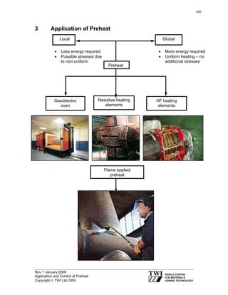 Rev 1 January 2009
Application and Control of Preheat
Copyright © TWI Ltd 2009
3 Application of Preheat
Preheat
Local Global
• Less energy required
• Possible stresses due
to non-uniform
• More energy required
• Uniform heating – no
additional stresses
Resistive heating
elements
Gas/electric
oven
HF heating
elements
Flame applied
preheat
305
 