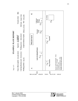 Rev 1 January 2009
Practical Visual Inspection
Copyright © TWI Ltd 2009
Page1of3EXAMPLEPLATEREPORT
Name:[Blockcapitals]STUARTDENTSignature:SDENTTestpieceident:001
Code/Specificationused:TWI09-09-02Weldingprocess:MMA/SMAWJointtype:SingleVButt
Weldingposition:Flat/PALength&thicknessofplate:300mmx10mmDate8Nov2001
Undercut
smooth
1.5max
236
Gaspore
1.5Ø
230
Lackofsidewallfusion
87
241
153
Underfill
51
Slaginclusion
Excessweldmetalheight:4mm.
Weldwidth:12-14mm
Toeblend:Poor
Linearmisalignment:2mm
Spatteralongweldlength
M E A S U R E F R O M T H I S D A T U M E D G E
AC
30
ArcStrike40
22
8
WELDFACE
319
 