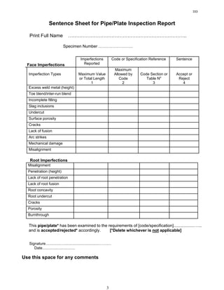 3
Sentence Sheet for Pipe/Plate Inspection Report
Print Full Name ………………………………………………………………..
Specimen Number …………………….
Face Imperfections
Imperfections
Reported
Code or Specification Reference Sentence
Imperfection Types Maximum Value
or Total Length
1
Maximum
Allowed by
Code
2
Code Section or
Table No
3
Accept or
Reject
4
Excess weld metal (height)
Toe blend/inter-run blend
Incomplete filling
Slag inclusions
Undercut
Surface porosity
Cracks
Lack of fusion
Arc strikes
Mechanical damage
Misalignment
Root Imperfections
Misalignment
Penetration (height)
Lack of root penetration
Lack of root fusion
Root concavity
Root undercut
Cracks
Porosity
Burnthrough
This pipe/plate* has been examined to the requirements of [code/specification]..................…...
and is accepted/rejected* accordingly. [*Delete whichever is not applicable]
Signature..............….................................…….…
Date...............................
Use this space for any comments
333
 