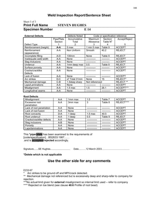 Weld Inspection Report/Sentence Sheet
Sheet 3 of 3
Print Full Name STEVEN HUGHES
Specimen Number E 14
External Defects Defects Noted Code or specification reference
Defect Type
Pipe/Plate
Section
1
Accumulative
Total
2
Maximum
Allowance
3
Section/
Table No
4
Accept/Reject
5
Reinforcement (height) A-A 5 max 1 min 5 max Table 9 ACCEPT
Reinforcement
(appearance)
A-A Non Uniform Smooth 40.2 REJECT
Incomplete filling A-D 130mm None Table 9 REJECT
Inadequate weld width A-A None ------------ ---------- ACCEPT
Slag Inclusions A-A None ------------ ---------- ACCEPT
Undercut A-A 1mm deep max 0.5 Table 9 REJECT
Surface porosity A-A None ------------ ---------- ACCEPT
Cracks/cracklike
Defects
A-A None ------------ ----------- ACCEPT
Lack of fusion A-A None ------------ ----------- ACCEPT
Arc strikes D-C x7 Total 31mm None 15 REJECT*
Mechanical damage C-B 1.5deep sharp Not referenced REJECT **
Laps/Laminations A-A None ------------ ----------- ACCEPT
Misalignment A-A 1.5 max 1.5 26.1 ACCEPT***
Longitudinal seams A-A None ------------ ----------- ACCEPT
Root Defects
Misalignment A-A 1mm max 1.5 Table 7 ACCEPT
Excessive root
penetration
A-A 3mm max 3 Table 8 REJECT****
Lack of root penetration A-A None ------------- ---------- ACCEPT
Lack of root fusion A-A None ------------- ----------- ACCEPT
Root concavity D-A 1 deep 1.5 max 40.5 ACCEPT
Root undercut A-A 1 deep 0.5 Table 9 REJECT
Cracks/cracklike defects A-A None ------------- ----------- ACCEPT
Slag inclusions A-B None ------------- ----------- ACCEPT
Porosity A-A None ------------- ----------- ACCEPT
Laps/laminations A-A None ------------- ----------- ACCEPT
This *pipe/plate has been examined to the requirements of
[code/specification]…BS2633:1987……
.and is accepted/rejected accordingly.
Signature.......SE Hughes.............................. Date...........12 March 2003..........................................
*Delete which is not applicable
Use the other side for any comments
E233-97
* Arc strikes to be ground off and MPI/crack detected.
** Mechanical damage not referenced but is excessively deep and sharp-refer to company for
rejection.
***No actual limit given for external misalignment so internal limit used – refer to company
**** Rejected on toe blend (see clause 40.6 Profile of root bead)
338
 