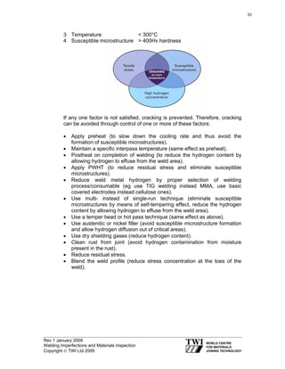 Rev 1 January 2009
Welding Imperfections and Materials Inspection
Copyright © TWI Ltd 2009
3 Temperature < 300°C
4 Susceptible microstructure > 400Hv hardness
If any one factor is not satisfied, cracking is prevented. Therefore, cracking
can be avoided through control of one or more of these factors:
• Apply preheat (to slow down the cooling rate and thus avoid the
formation of susceptible microstructures).
• Maintain a specific interpass temperature (same effect as preheat).
• Postheat on completion of welding (to reduce the hydrogen content by
allowing hydrogen to effuse from the weld area).
• Apply PWHT (to reduce residual stress and eliminate susceptible
microstructures).
• Reduce weld metal hydrogen by proper selection of welding
process/consumable (eg use TIG welding instead MMA, use basic
covered electrodes instead cellulose ones).
• Use multi- instead of single-run technique (eliminate susceptible
microstructures by means of self-tempering effect, reduce the hydrogen
content by allowing hydrogen to effuse from the weld area).
• Use a temper bead or hot pass technique (same effect as above).
• Use austenitic or nickel filler (avoid susceptible microstructure formation
and allow hydrogen diffusion out of critical areas).
• Use dry shielding gases (reduce hydrogen content).
• Clean rust from joint (avoid hydrogen contamination from moisture
present in the rust).
• Reduce residual stress.
• Blend the weld profile (reduce stress concentration at the toes of the
weld).
33
 
